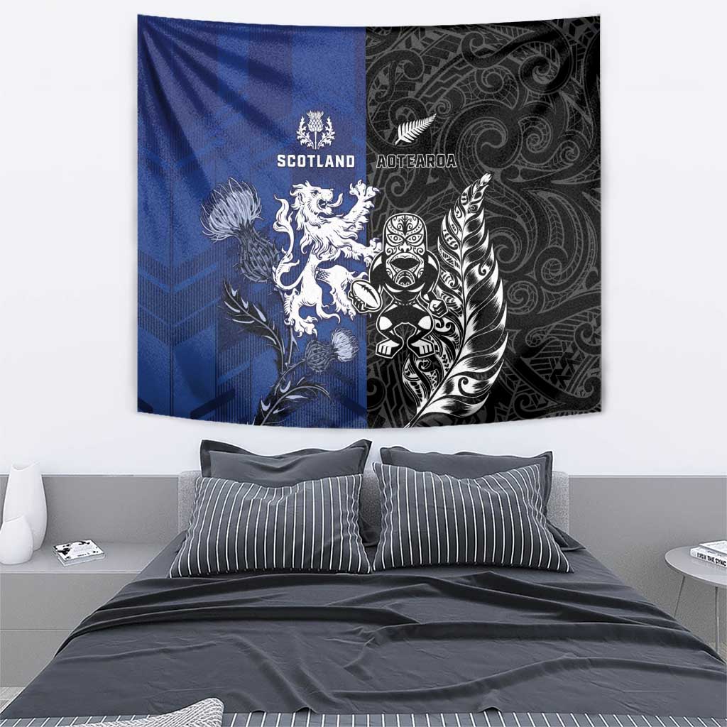 New Zealand And Scotland Rugby Tapestry Maori Tiki With Thistle Together