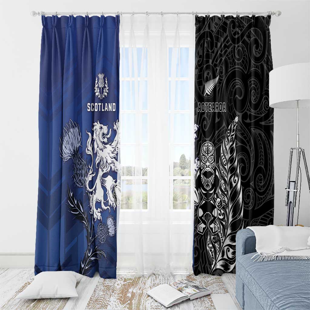 New Zealand And Scotland Rugby Window Curtain Maori Tiki With Thistle Together