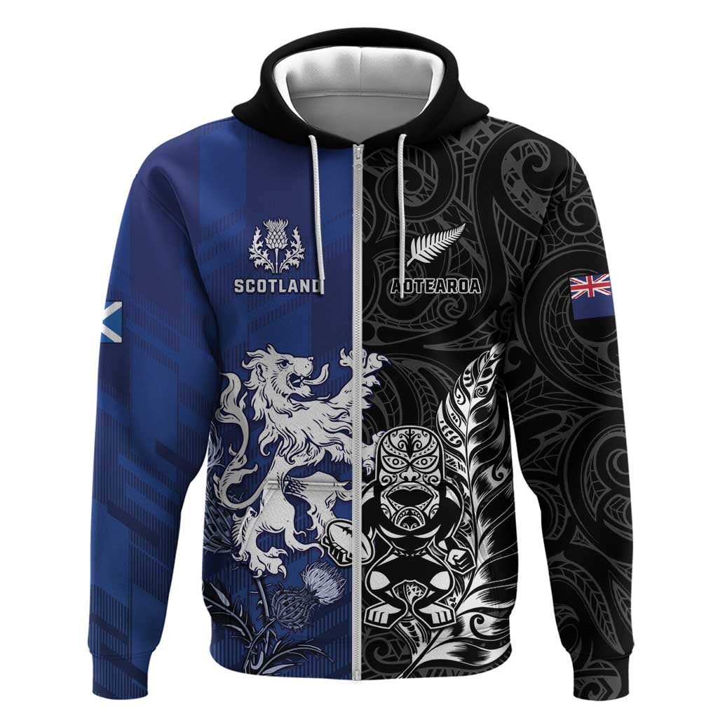 New Zealand And Scotland Rugby Custom Zip Hoodie Maori Tiki With Thistle Together