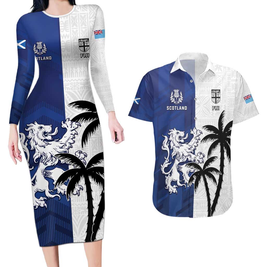 Fiji And Scotland Rugby Custom Couples Matching Long Sleeve Bodycon Dress and Hawaiian Shirt Fijian Palm Tree With Thistle Together