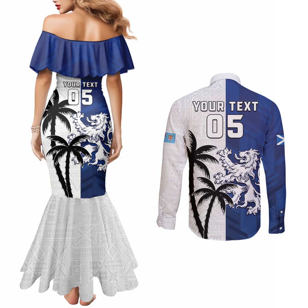 Fiji And Scotland Rugby Custom Couples Matching Mermaid Dress and Long Sleeve Button Shirt Fijian Palm Tree With Thistle Together