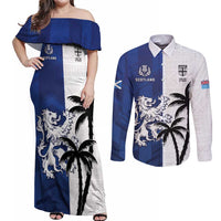 Fiji And Scotland Rugby Custom Couples Matching Off Shoulder Maxi Dress and Long Sleeve Button Shirt Fijian Palm Tree With Thistle Together