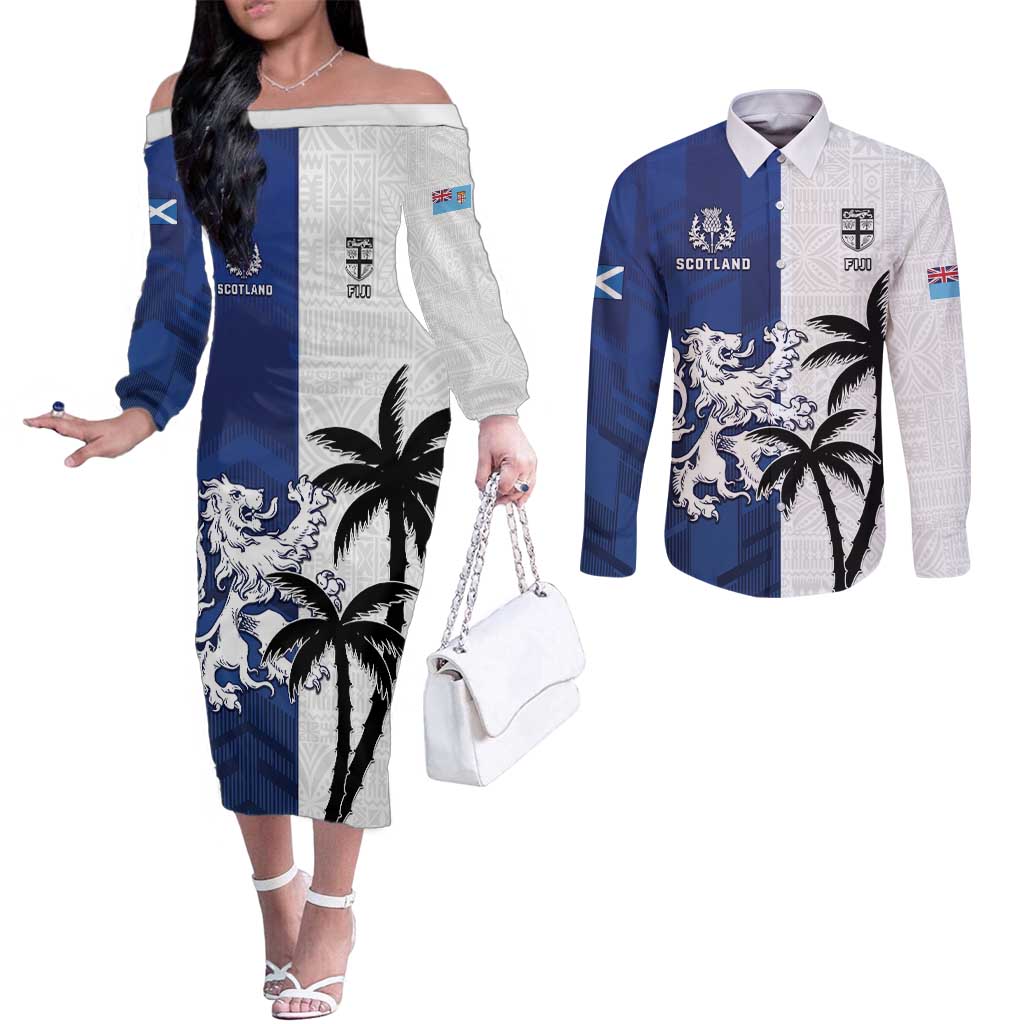 Fiji And Scotland Rugby Custom Couples Matching Off The Shoulder Long Sleeve Dress and Long Sleeve Button Shirt Fijian Palm Tree With Thistle Together