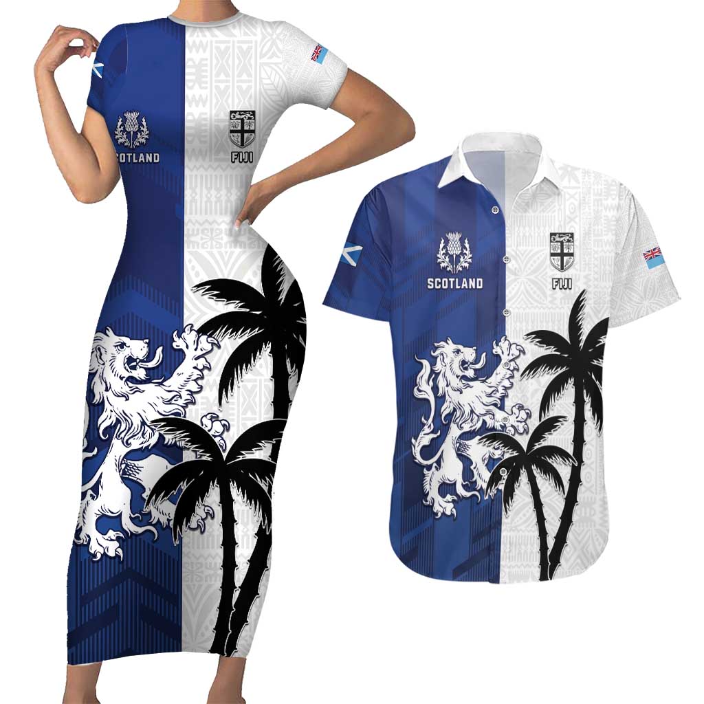 Fiji And Scotland Rugby Custom Couples Matching Short Sleeve Bodycon Dress and Hawaiian Shirt Fijian Palm Tree With Thistle Together