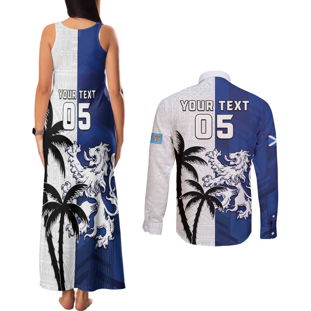 Fiji And Scotland Rugby Custom Couples Matching Tank Maxi Dress and Long Sleeve Button Shirt Fijian Palm Tree With Thistle Together