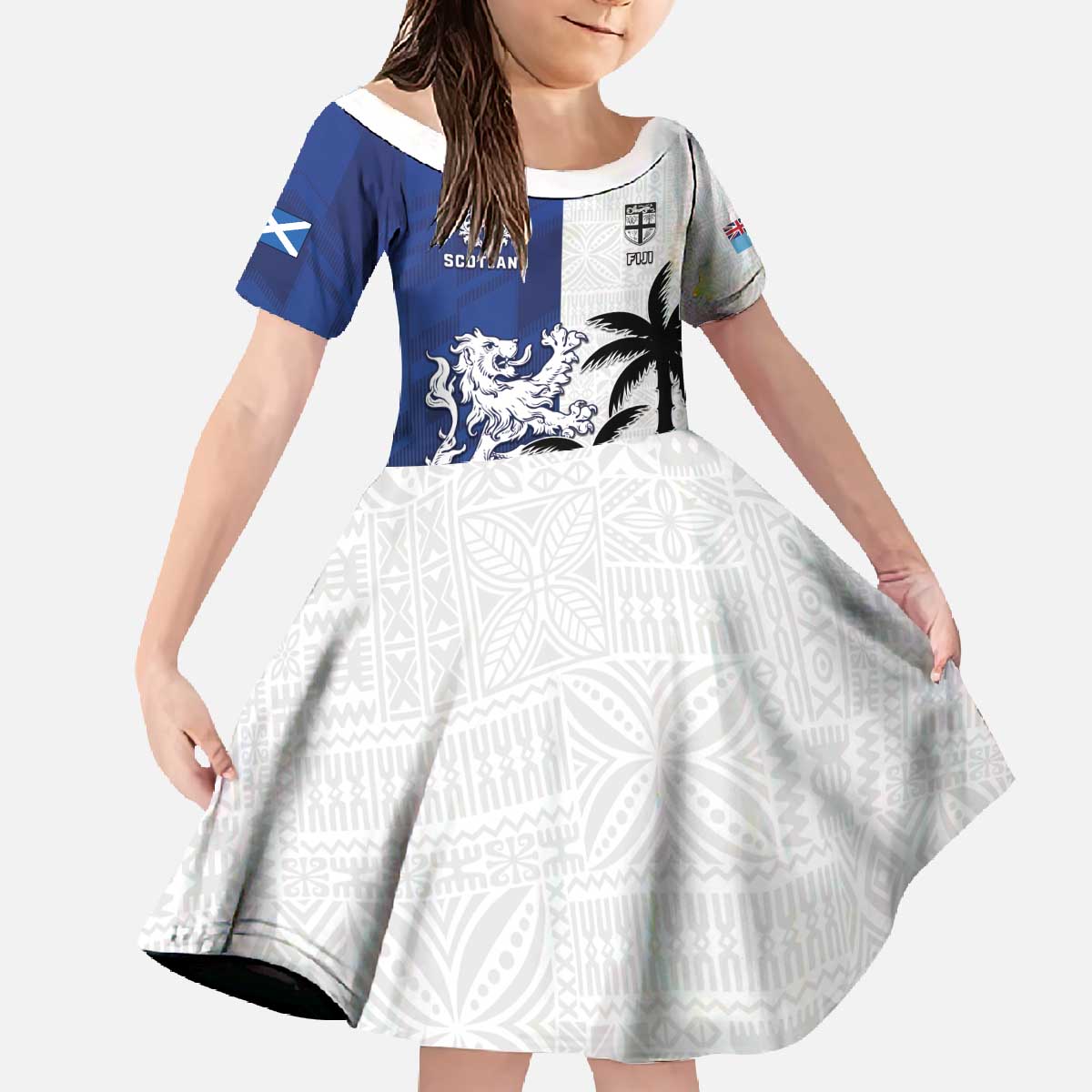 Fiji And Scotland Rugby Custom Family Matching Off The Shoulder Long Sleeve Dress and Hawaiian Shirt Fijian Palm Tree With Thistle Together