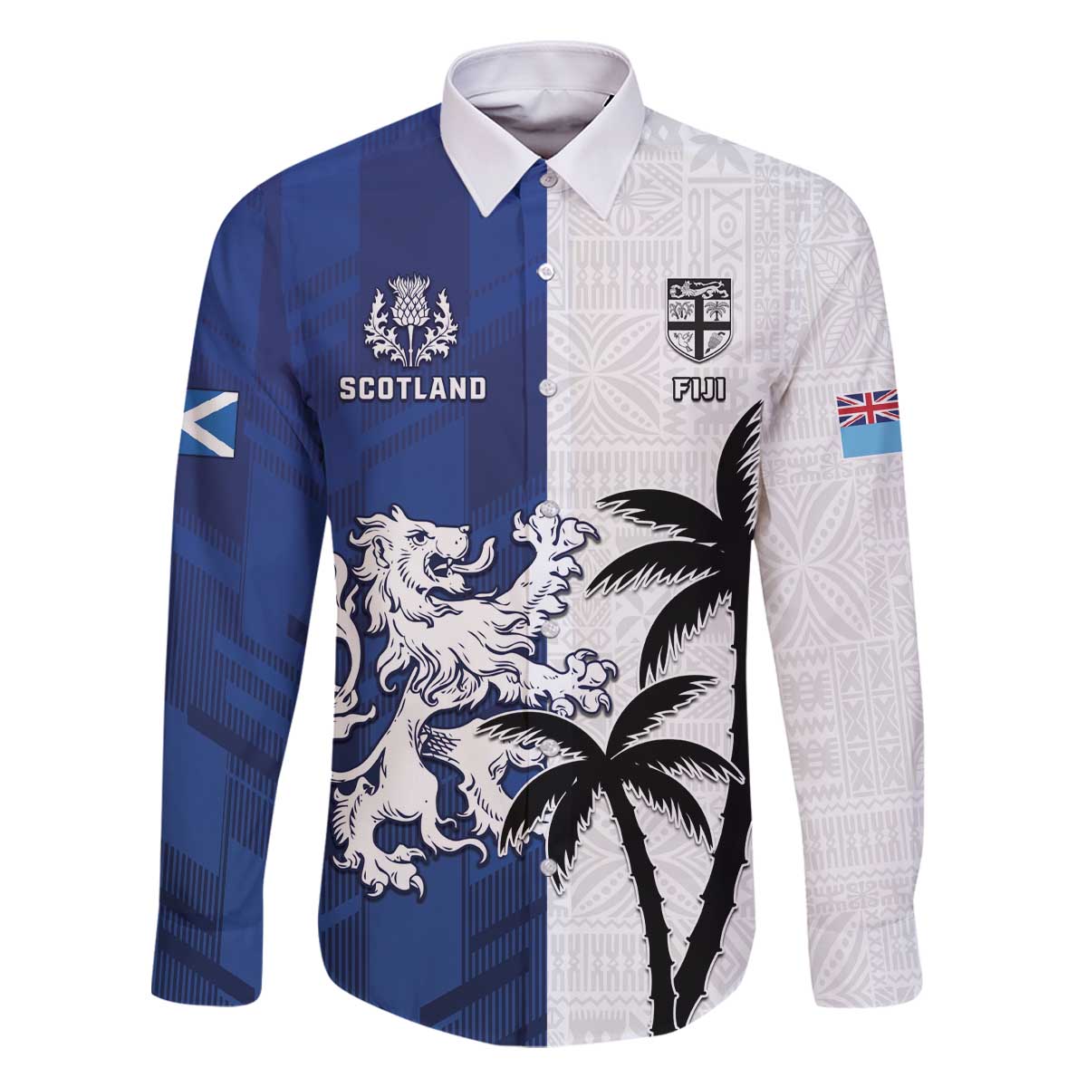 Fiji And Scotland Rugby Custom Family Matching Off The Shoulder Long Sleeve Dress and Hawaiian Shirt Fijian Palm Tree With Thistle Together