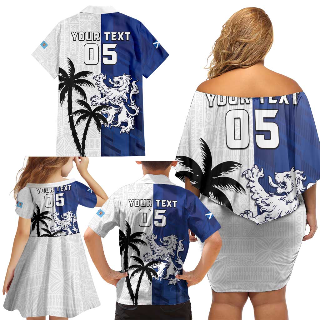 Fiji And Scotland Rugby Custom Family Matching Off Shoulder Short Dress and Hawaiian Shirt Fijian Palm Tree With Thistle Together