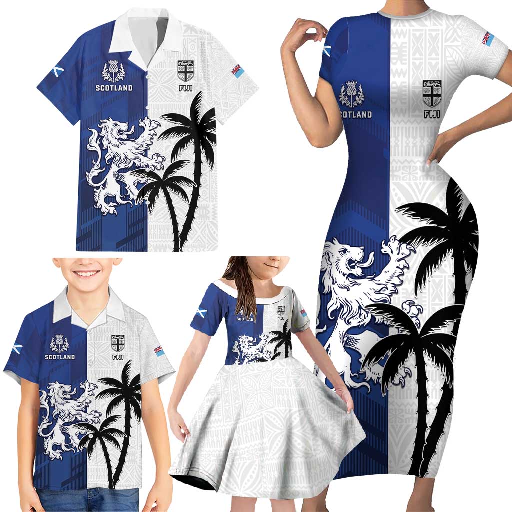 Fiji And Scotland Rugby Custom Family Matching Short Sleeve Bodycon Dress and Hawaiian Shirt Fijian Palm Tree With Thistle Together
