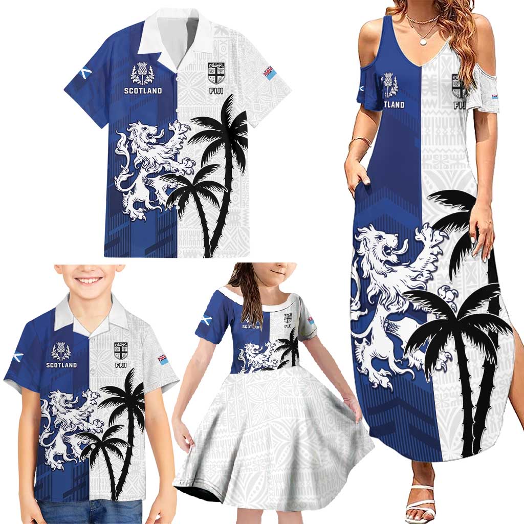 Fiji And Scotland Rugby Custom Family Matching Summer Maxi Dress and Hawaiian Shirt Fijian Palm Tree With Thistle Together