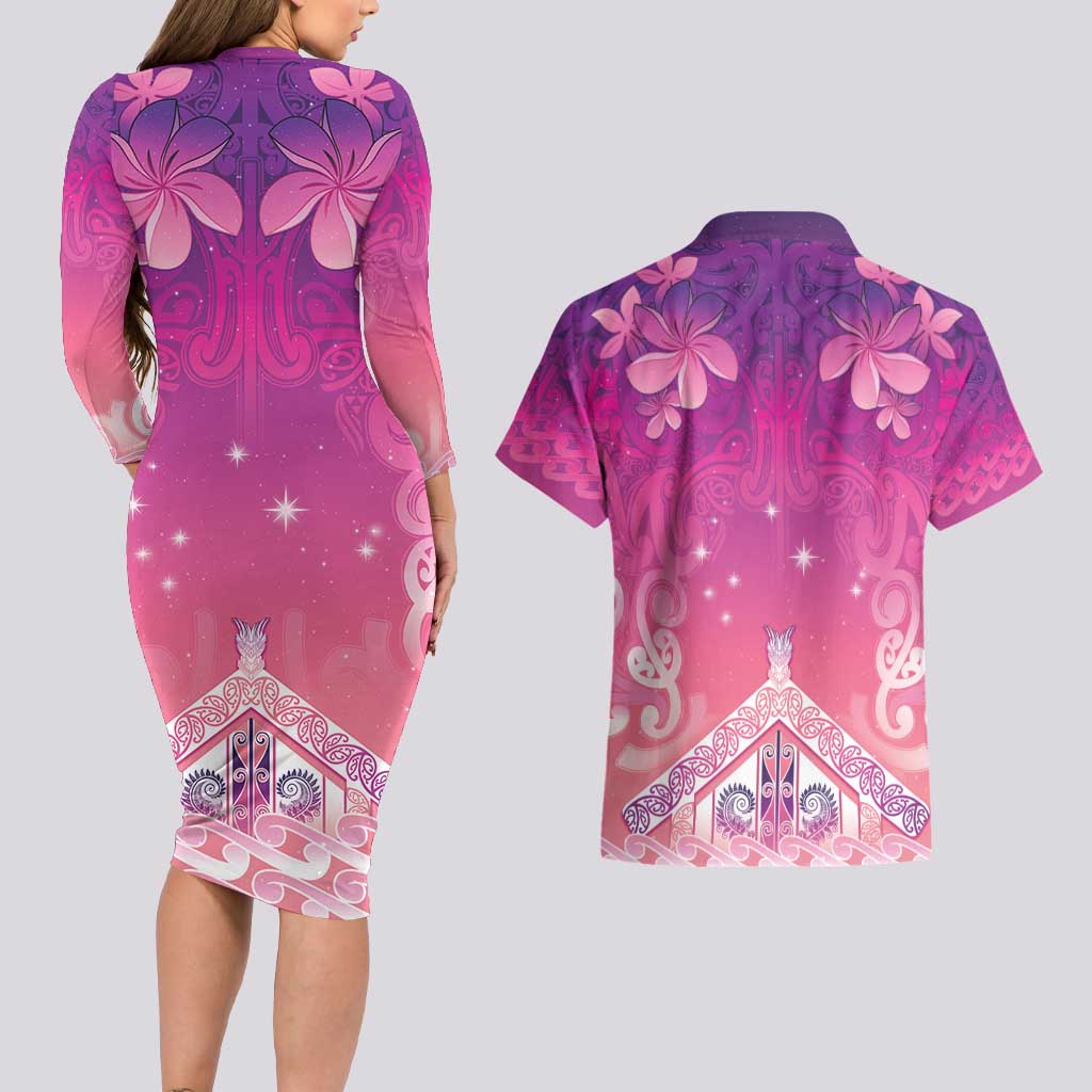 New Zealand Matariki Couples Matching Long Sleeve Bodycon Dress and Hawaiian Shirt Maori Marae Purple Galaxy