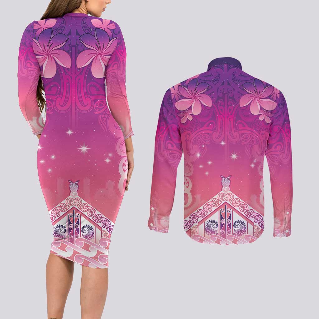 New Zealand Matariki Couples Matching Long Sleeve Bodycon Dress and Long Sleeve Button Shirt Maori Marae Purple Galaxy