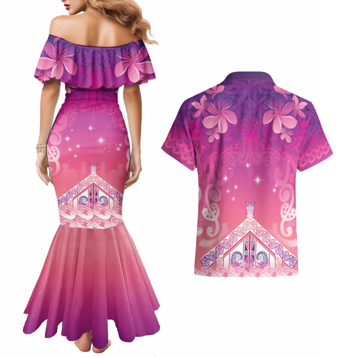 New Zealand Matariki Couples Matching Mermaid Dress and Hawaiian Shirt Maori Marae Purple Galaxy