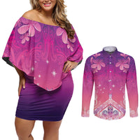 New Zealand Matariki Couples Matching Off Shoulder Short Dress and Long Sleeve Button Shirt Maori Marae Purple Galaxy