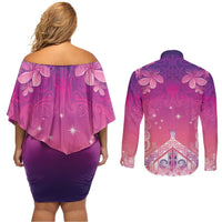 New Zealand Matariki Couples Matching Off Shoulder Short Dress and Long Sleeve Button Shirt Maori Marae Purple Galaxy