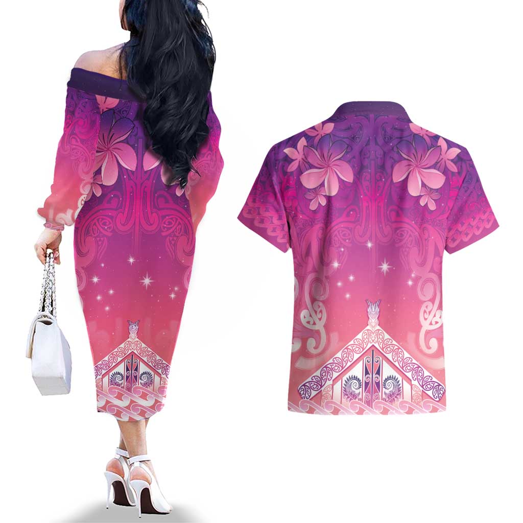 New Zealand Matariki Couples Matching Off The Shoulder Long Sleeve Dress and Hawaiian Shirt Maori Marae Purple Galaxy