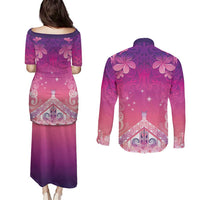 New Zealand Matariki Couples Matching Puletasi and Long Sleeve Button Shirt Maori Marae Purple Galaxy