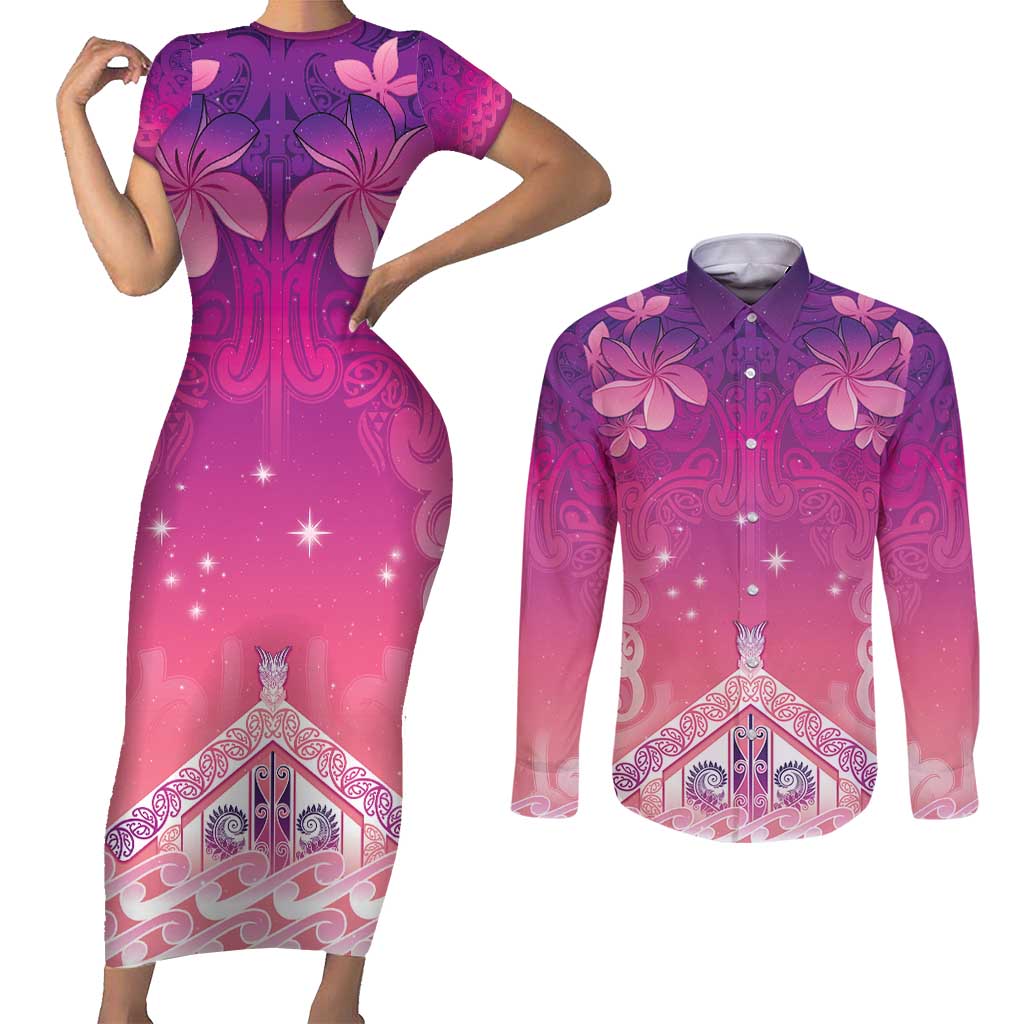 New Zealand Matariki Couples Matching Short Sleeve Bodycon Dress and Long Sleeve Button Shirt Maori Marae Purple Galaxy