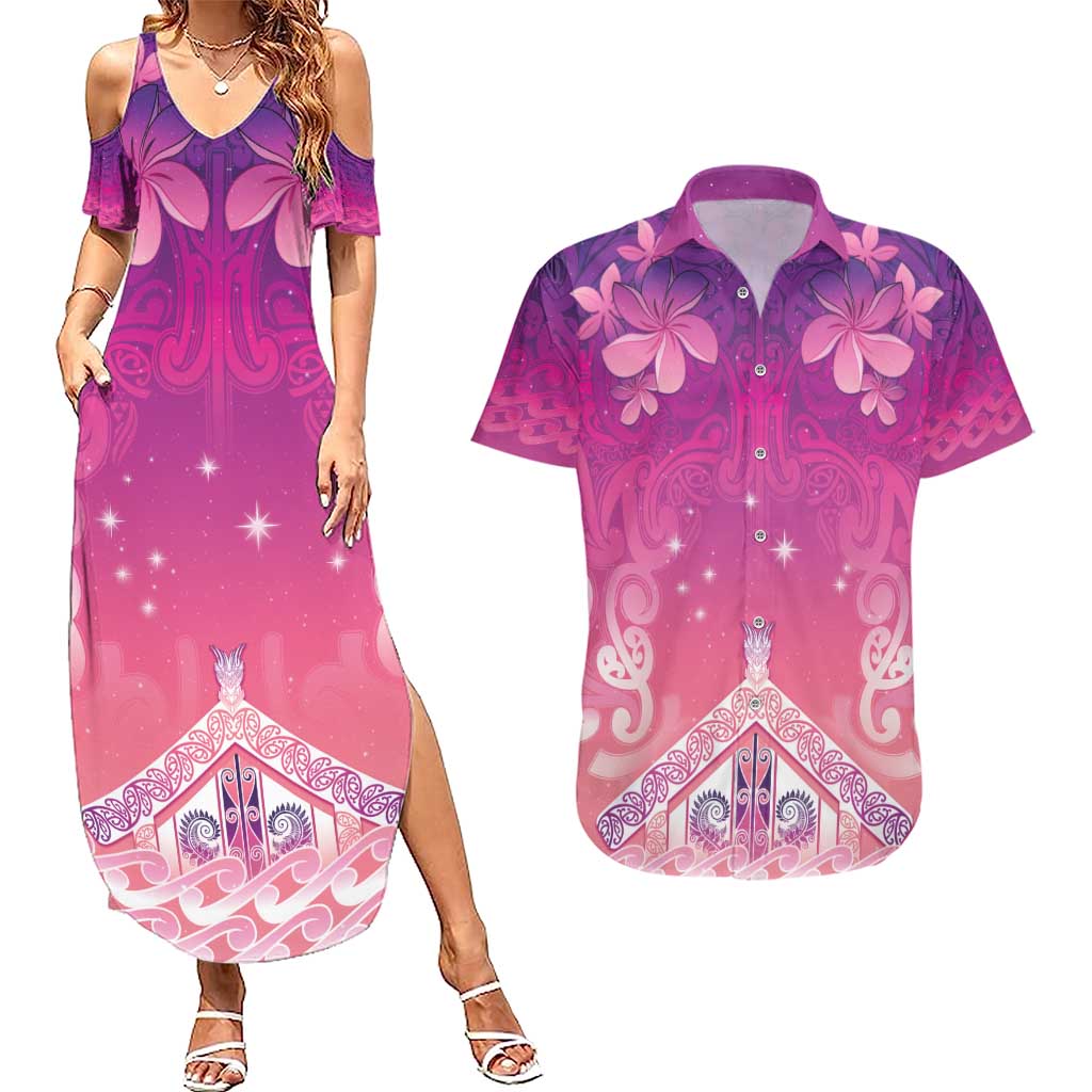 New Zealand Matariki Couples Matching Summer Maxi Dress and Hawaiian Shirt Maori Marae Purple Galaxy
