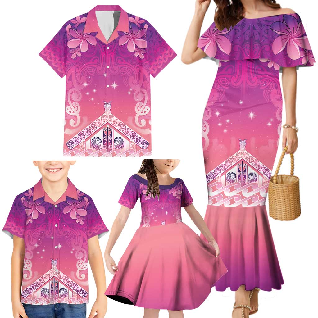New Zealand Matariki Family Matching Mermaid Dress and Hawaiian Shirt Maori Marae Purple Galaxy