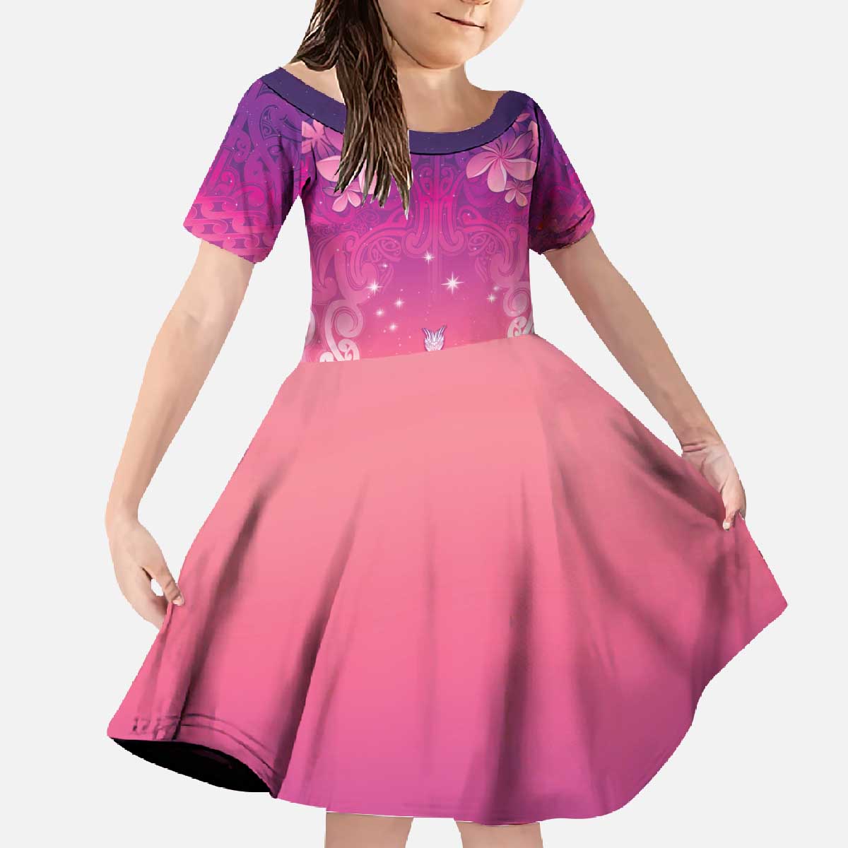 New Zealand Matariki Family Matching Off The Shoulder Long Sleeve Dress and Hawaiian Shirt Maori Marae Purple Galaxy