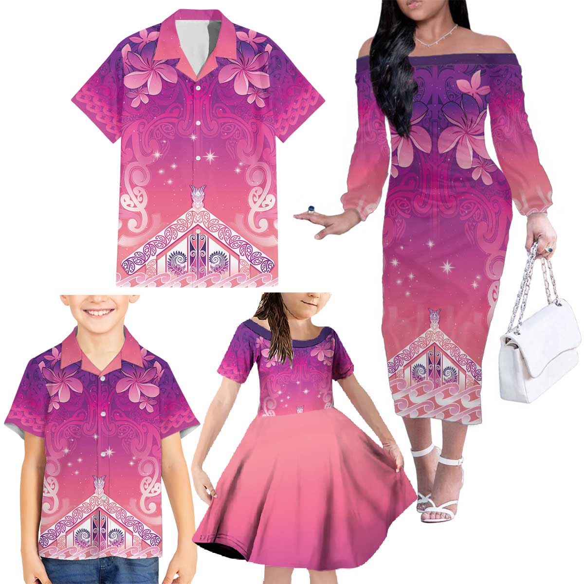 New Zealand Matariki Family Matching Off The Shoulder Long Sleeve Dress and Hawaiian Shirt Maori Marae Purple Galaxy
