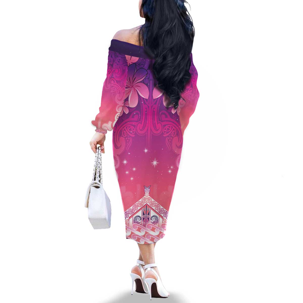 New Zealand Matariki Family Matching Off The Shoulder Long Sleeve Dress and Hawaiian Shirt Maori Marae Purple Galaxy