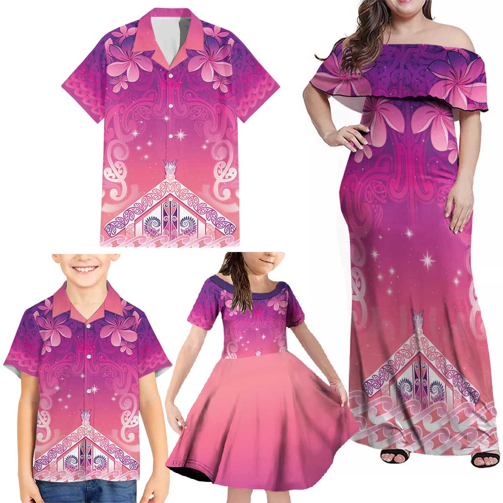 New Zealand Matariki Family Matching Off Shoulder Maxi Dress and Hawaiian Shirt Maori Marae Purple Galaxy