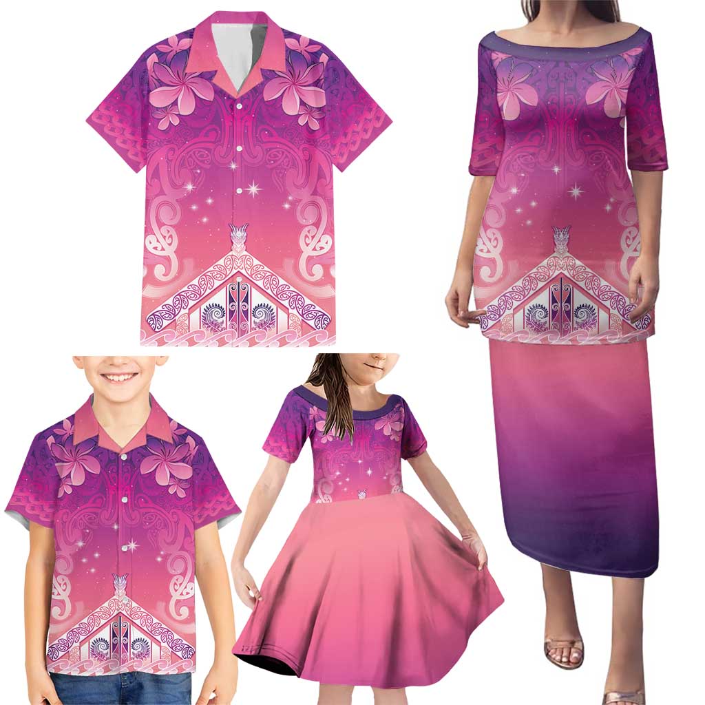 New Zealand Matariki Family Matching Puletasi and Hawaiian Shirt Maori Marae Purple Galaxy