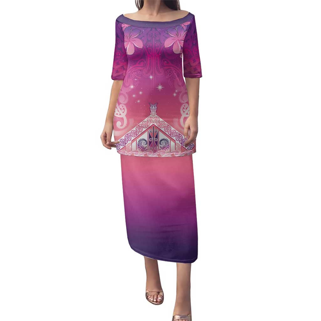 New Zealand Matariki Family Matching Puletasi and Hawaiian Shirt Maori Marae Purple Galaxy