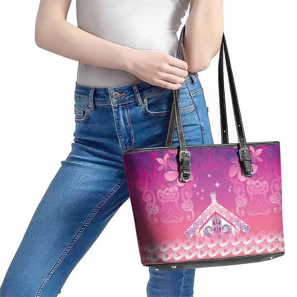 New Zealand Matariki Leather Tote Bag Maori Marae Purple Galaxy