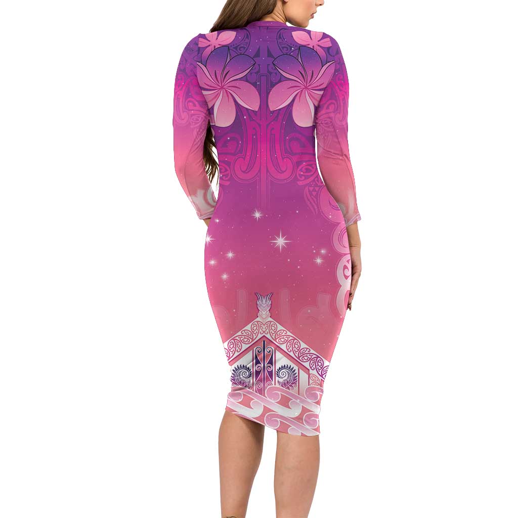 New Zealand Matariki Long Sleeve Bodycon Dress Maori Marae Purple Galaxy