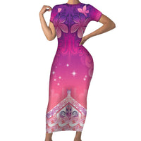 New Zealand Matariki Short Sleeve Bodycon Dress Maori Marae Purple Galaxy
