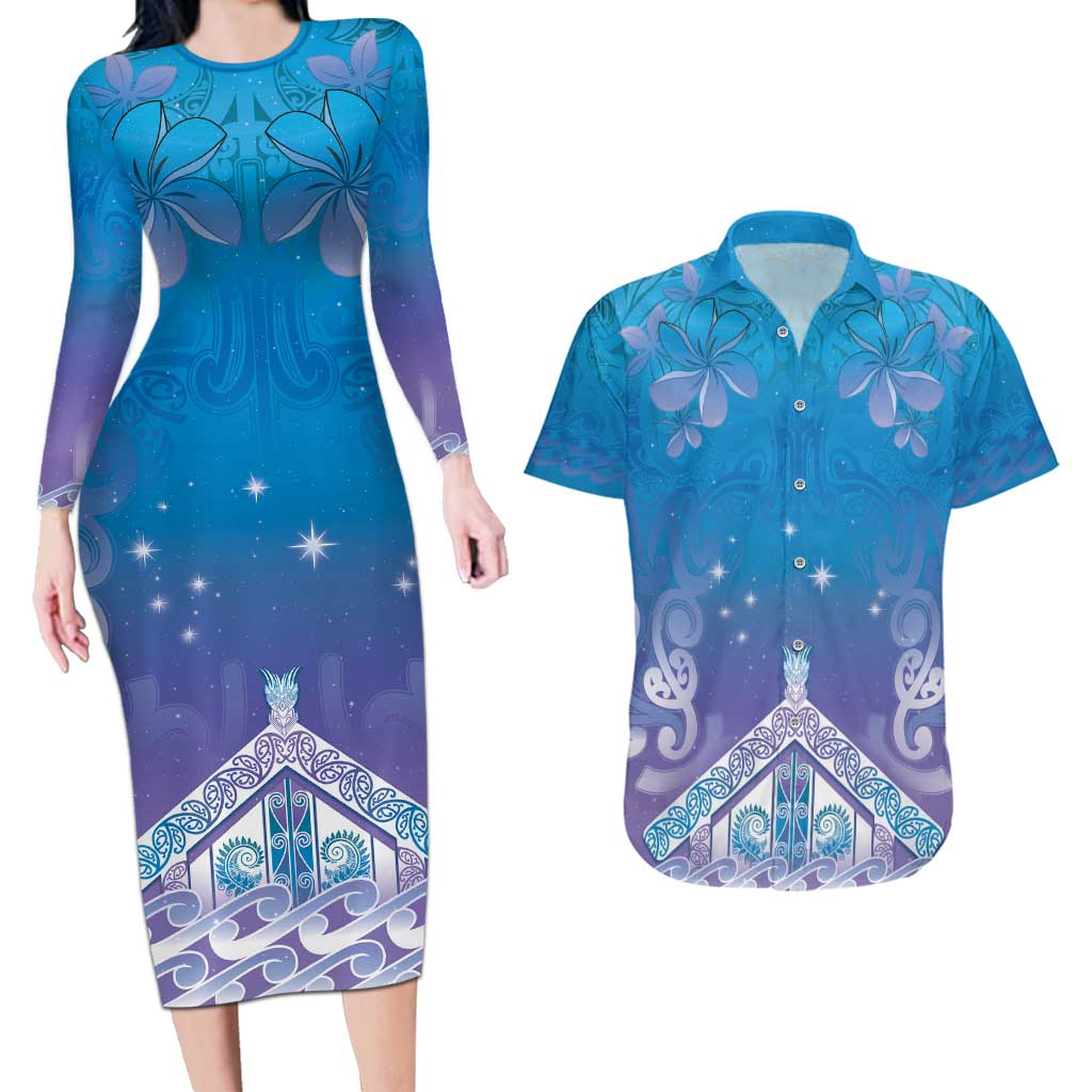 New Zealand Matariki Couples Matching Long Sleeve Bodycon Dress and Hawaiian Shirt Maori Marae Cyan Galaxy