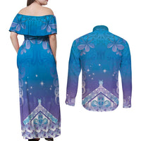New Zealand Matariki Couples Matching Off Shoulder Maxi Dress and Long Sleeve Button Shirt Maori Marae Cyan Galaxy