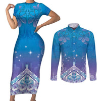 New Zealand Matariki Couples Matching Short Sleeve Bodycon Dress and Long Sleeve Button Shirt Maori Marae Cyan Galaxy