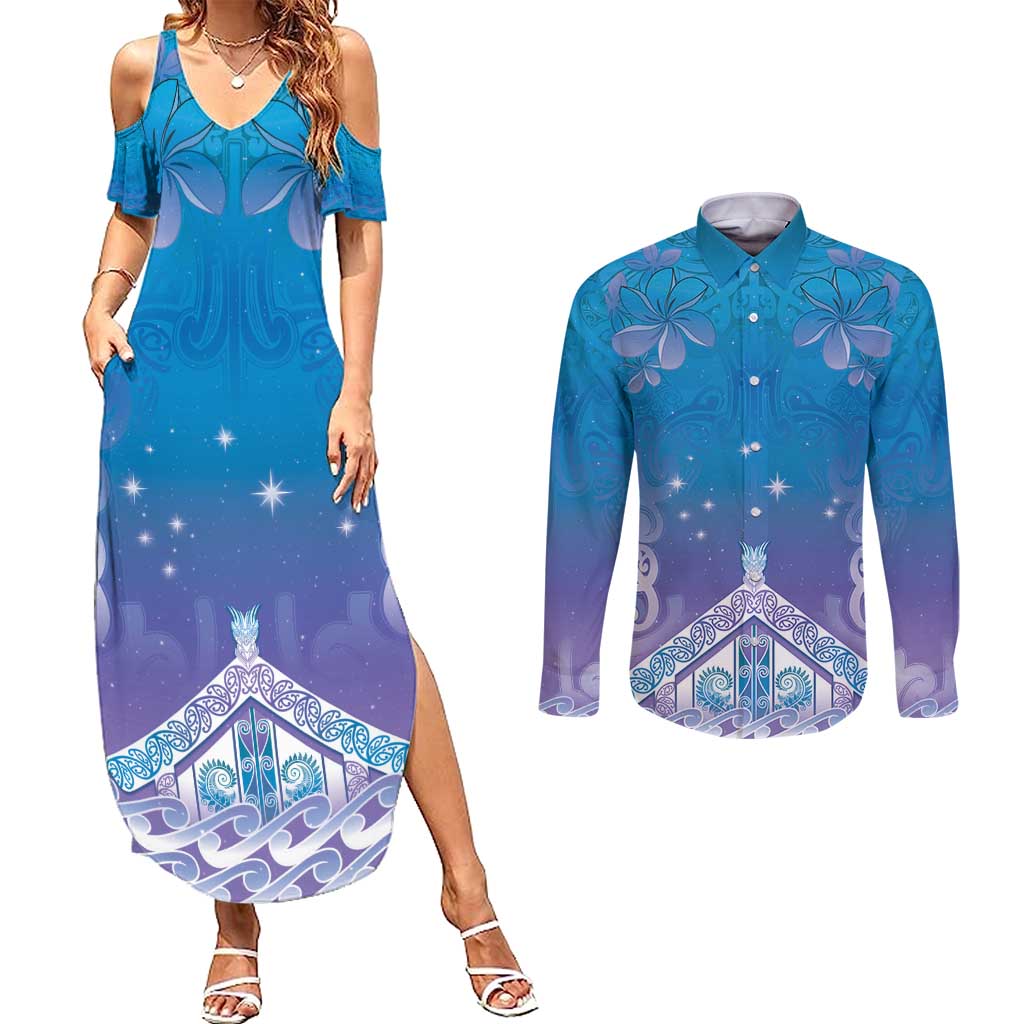 New Zealand Matariki Couples Matching Summer Maxi Dress and Long Sleeve Button Shirt Maori Marae Cyan Galaxy