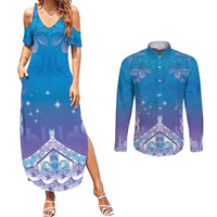 New Zealand Matariki Couples Matching Summer Maxi Dress and Long Sleeve Button Shirt Maori Marae Cyan Galaxy