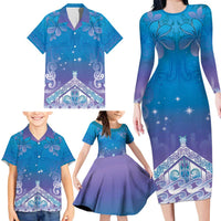 New Zealand Matariki Family Matching Long Sleeve Bodycon Dress and Hawaiian Shirt Maori Marae Cyan Galaxy
