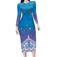 New Zealand Matariki Family Matching Long Sleeve Bodycon Dress and Hawaiian Shirt Maori Marae Cyan Galaxy