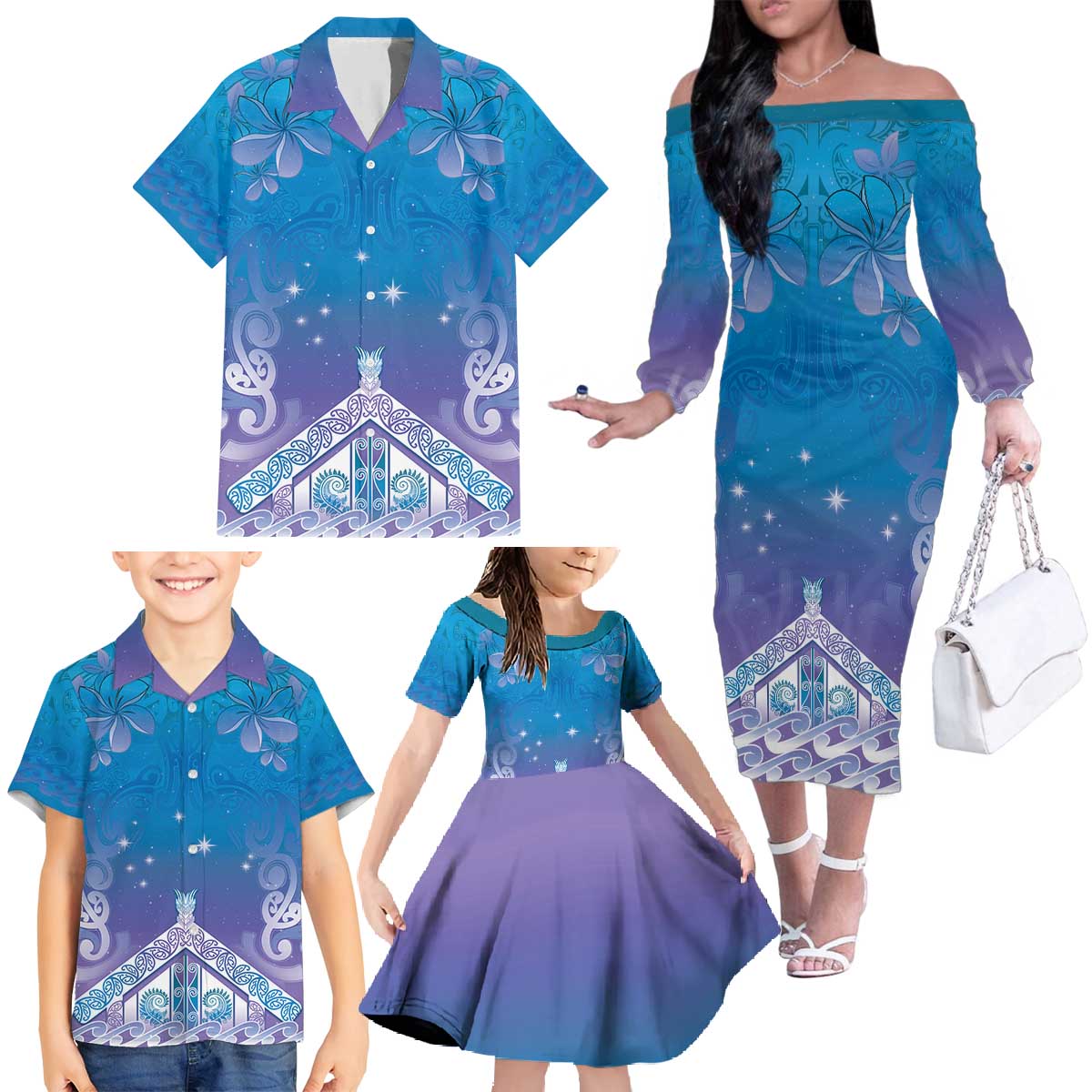 New Zealand Matariki Family Matching Off The Shoulder Long Sleeve Dress and Hawaiian Shirt Maori Marae Cyan Galaxy