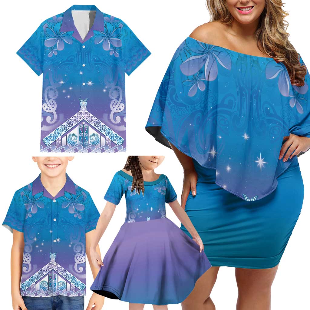 New Zealand Matariki Family Matching Off Shoulder Short Dress and Hawaiian Shirt Maori Marae Cyan Galaxy