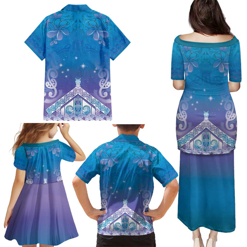 New Zealand Matariki Family Matching Puletasi and Hawaiian Shirt Maori Marae Cyan Galaxy
