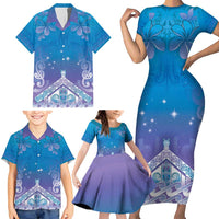 New Zealand Matariki Family Matching Short Sleeve Bodycon Dress and Hawaiian Shirt Maori Marae Cyan Galaxy