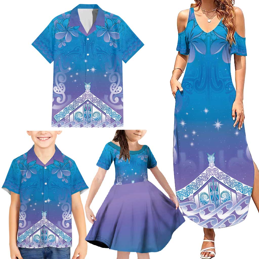 New Zealand Matariki Family Matching Summer Maxi Dress and Hawaiian Shirt Maori Marae Cyan Galaxy