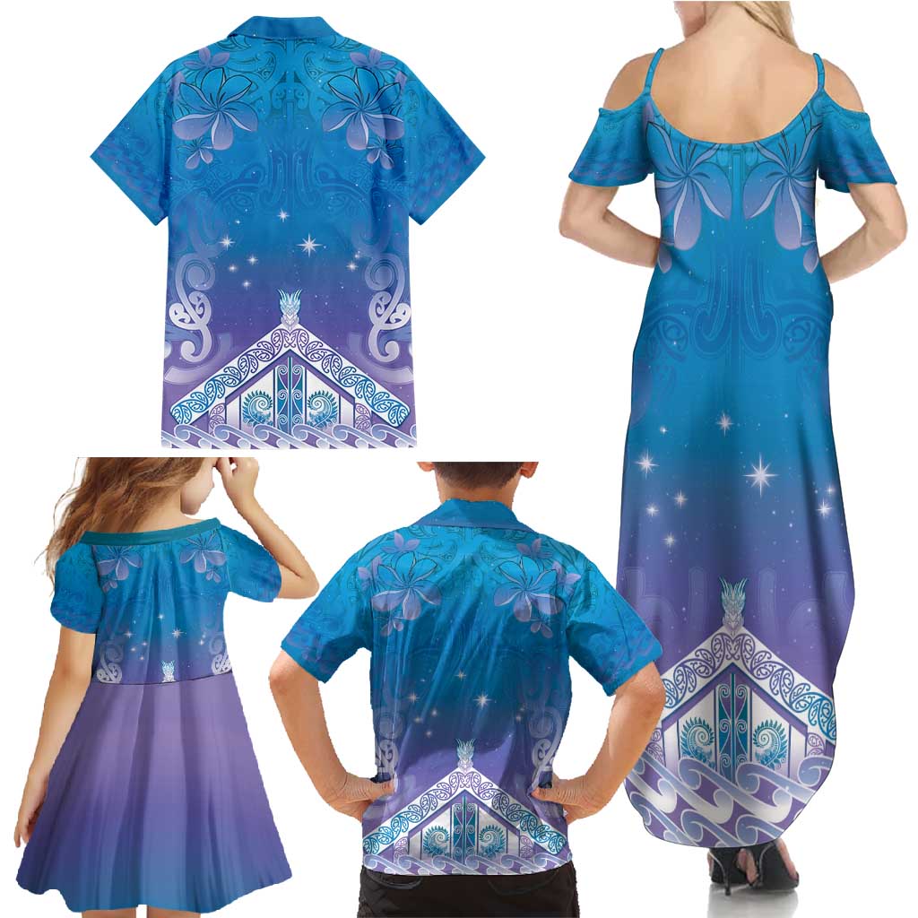 New Zealand Matariki Family Matching Summer Maxi Dress and Hawaiian Shirt Maori Marae Cyan Galaxy