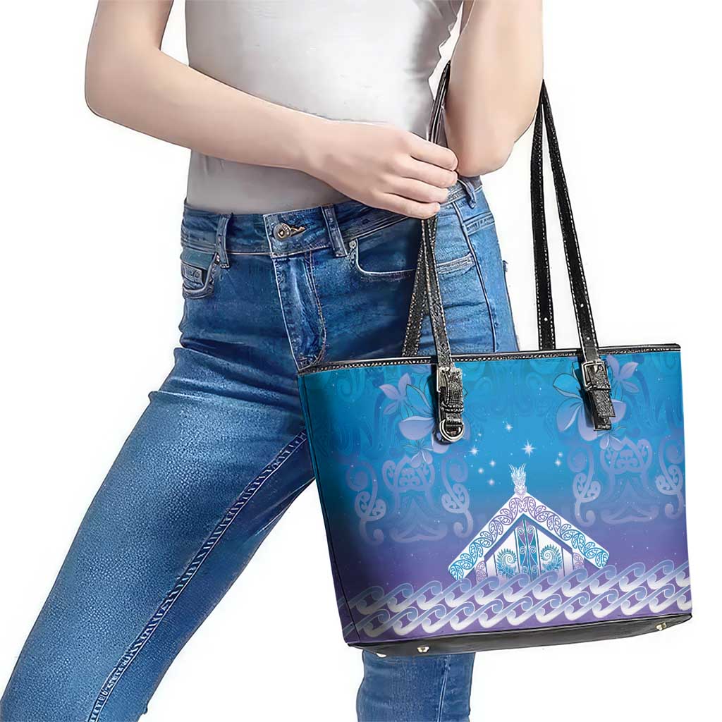 New Zealand Matariki Leather Tote Bag Maori Marae Cyan Galaxy