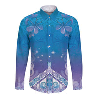New Zealand Matariki Long Sleeve Button Shirt Maori Marae Cyan Galaxy