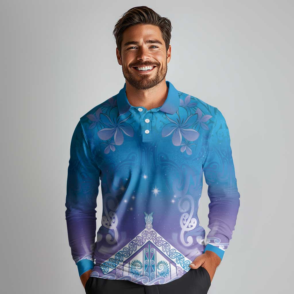New Zealand Matariki Long Sleeve Polo Shirt Maori Marae Cyan Galaxy