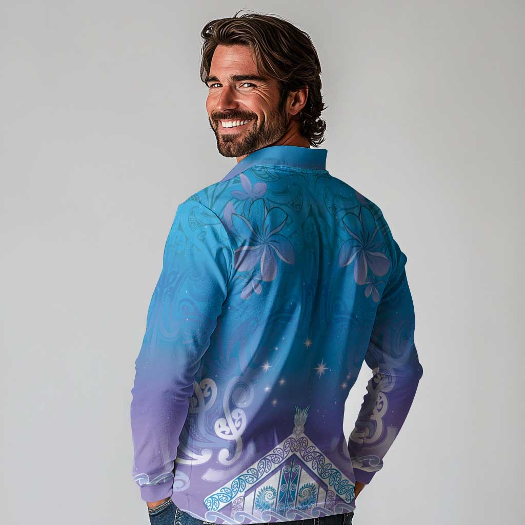 New Zealand Matariki Long Sleeve Polo Shirt Maori Marae Cyan Galaxy